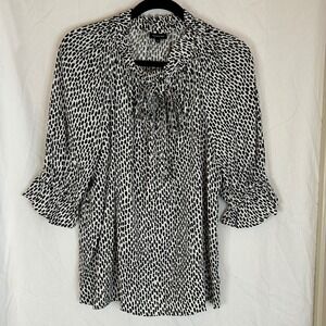 Who What‎ Wear Black & White Dot Print Ruffle Sleeve Tie Neck Blouse